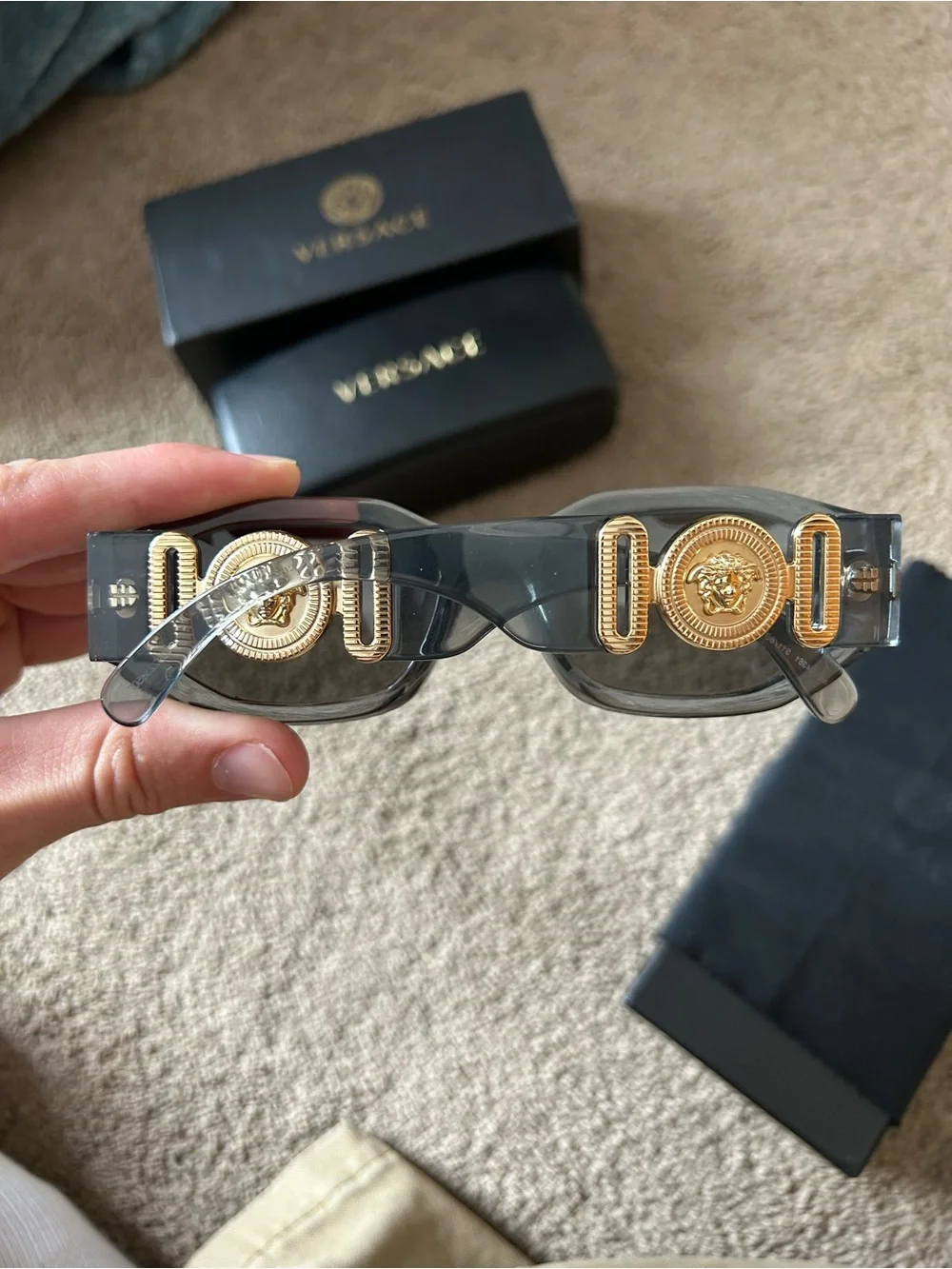 Versace Gray Sunglasses with Gold Medusa Accents